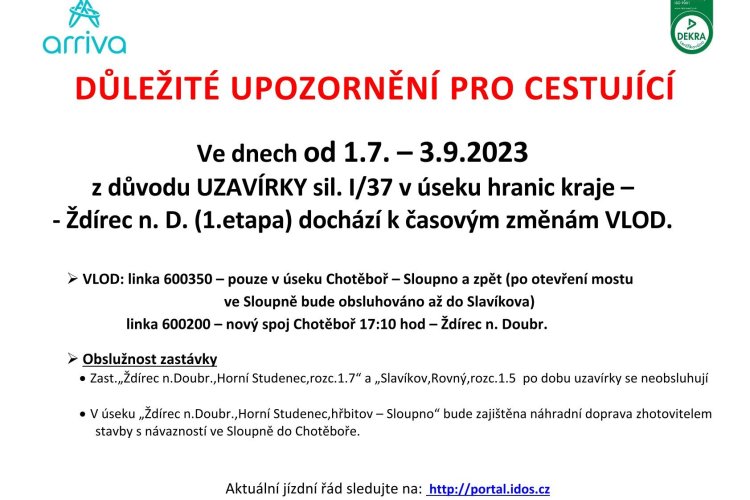 Výlukový jízdní řád autobusu a náhradní doprava do Studence o prázdninách