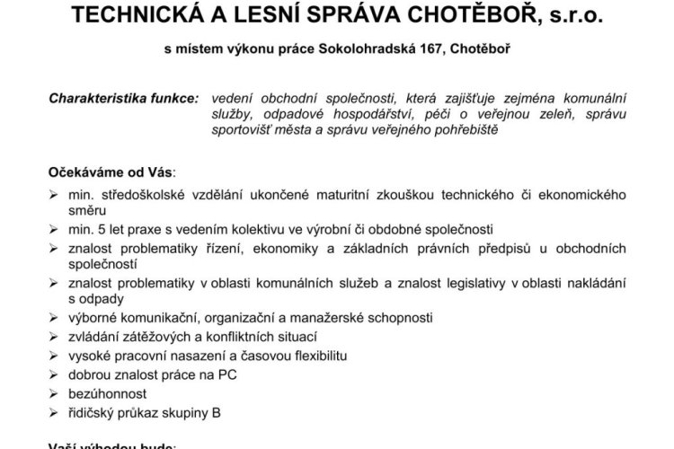 Nabídka práce na pozici jednatel Technické a lesní správy Chotěboř, s.r.o.