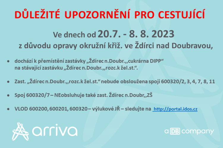 Kvůli opravě kruhového objezdu dochází od 20.7. do 8.8.2023 k přemístění zastávky „Cukrárna DIPP“ na stávající zast. "Žel. st."