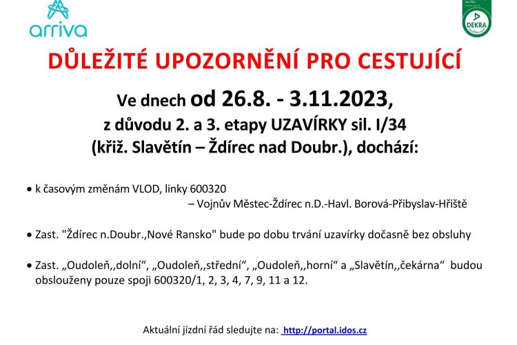 Výlukový jízdní řád související s uzavírkou silnice I/34 v úseku od křiž. u obce Slavětín po okružní křiž. ve Ždírci n. D.
