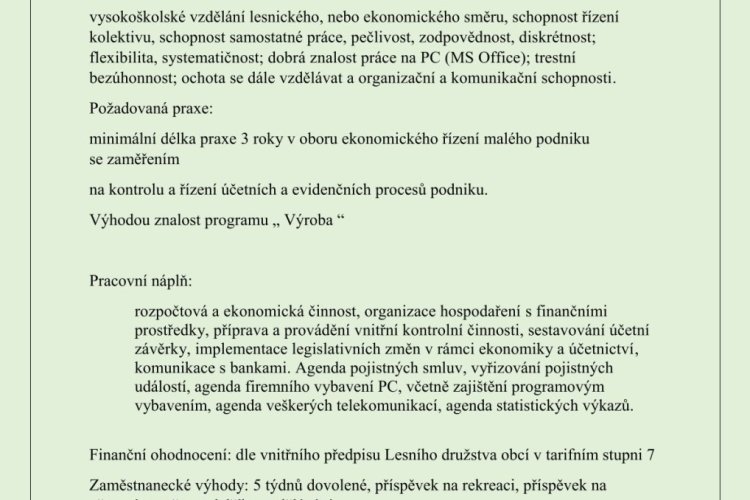 Lesní družstvo obcí Přibyslav hledá pracovníka na pozici "Vedoucí ekonomického úseku"