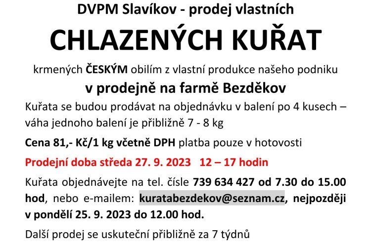 Prodej chlazených kuřat na farmě Bezděkov proběhne ve středu 27. září 2023