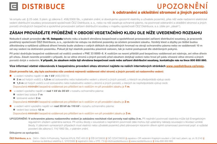 Upozornění k odstranění a okleštění stromoví a jiných porostů