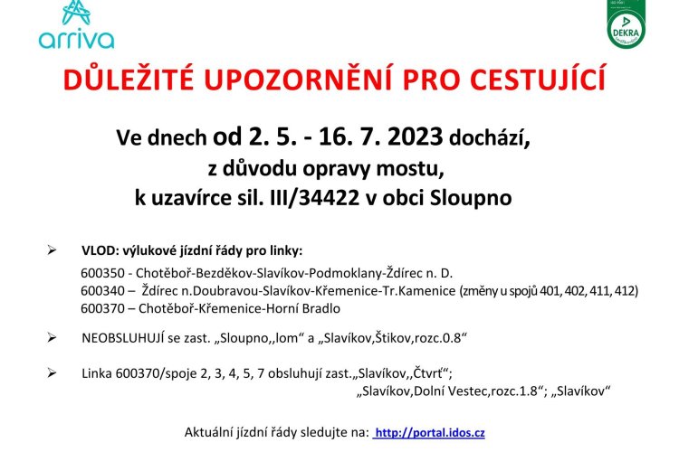 Výlukový jízdní řád spojený s uzavírkou silnice III/34422 v obci Sloupno