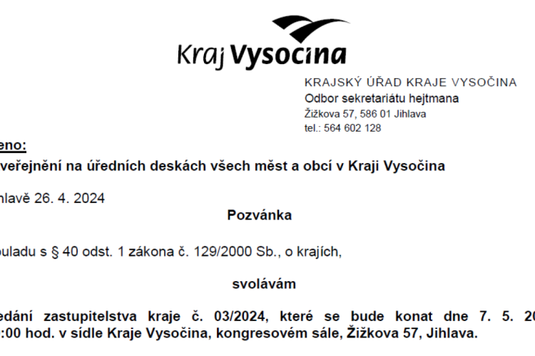 Pozvánka na 3. zasedání zastupitelstva Kraje Vysočina v roce 2024